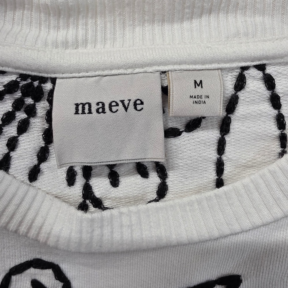 Maeve Anthropologie White Black Floral Embroidered Puff Sleeve Sweatshirt Top M - Picture 5 of 16